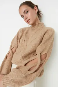 Trendyol béžové mäkké textúrované okno/vystrihnutý detail stojaci golier pletený sveter