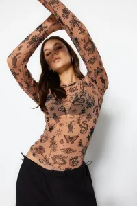 Trendyol Beige Tattoo Pattern Fitted/Slip-On Crew Neck Flexible Tulle Knitted Blouse