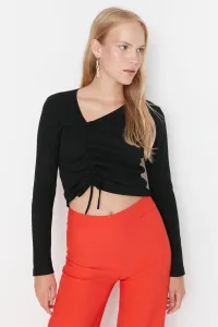 Trendyol Black Shirred Detail Fitted/Sleeping Crop Asymmetrical Collar Ribbed Stretch Knit Blouse