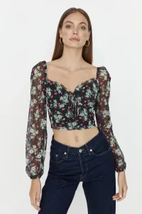 Trendyol Black Crop Collar Printed Tulle Knitted Blouse #4656682