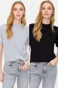 Trendyol Black-Grey Melange 2-Pack 100% Cotton Basic Stand-Up Collar Knitted T-Shirt #8902716