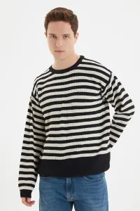 Trendyol Men's Black Oversize Fit Wide Fit Crew Neck Striped Knitwear Sweater #749134