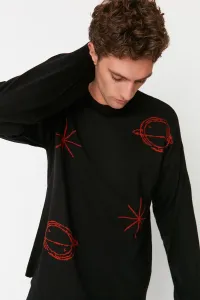 Trendyol Black Men's Oversize Fit Wide Fit Crew Neck Planet Knitwear Sweater #5342185
