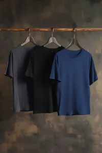 Trendyol Black-Navy-Anthracite Men's Regular/Normal Cut 3 Pack Basic T-Shirt #9154614