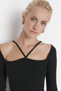Trendyol Black Piping Detail Fitted/Slippery Carmen Collar Crop Corduroy, Stretchy Knit Blouse