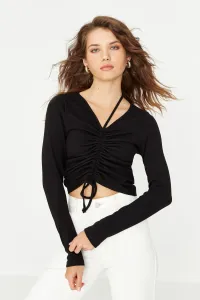 Trendyol Black Gathered Detail Fitted Crop V Neck Ribbed Elastic Knitted Blouse
