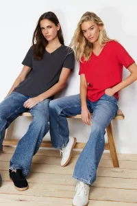 Trendyol Black-Red 100% Cotton 2-Pack Basic V Neck Knitted T-Shirt