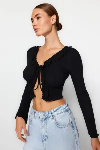 Trendyol Black Ruffle Detailed Knitted Blouse with Front Tie Ribbed Flexible Crop #7699522