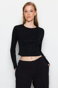 Trendyol Black Stone Detailed Crop Fitted Flexible Ribbed Knitted Blouse