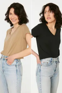 Trendyol Black-Stone Single Jersey V-Neck 2-Pack Knitted T-Shirt #5313777