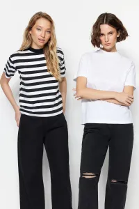 Trendyol White-Black and White Striped 2-Pack Basic Stand Up Collar Knitted T-Shirt #700609