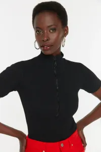 Trendyol Black Zippered Fitted/Sleeved Ribbon Knitted Blouse with a Stand-Up Collar, Stretch #4542829