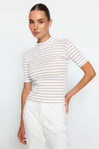Trendyol Camel Striped High Collar Fitted Short Sleeve Flexible Ribbed Knitted Blouse