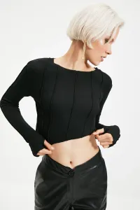 Trendyol Black Stitching Detail Fitted Asymmetrical Crop Corduroy Knitted Stretch Blouse #2806196