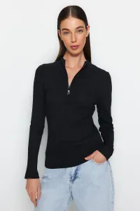 Trendyol Black Zipper Collar Fitted/Slitter Knitted Blouse with Corduroy