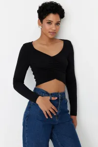 Trendyol Black Shirred Detail Fitted/Simple Crop, Stretchy Knit Blouse