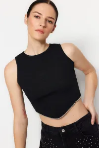Trendyol Black Stone Detail Fitted Crop, Corduroy Stretch Knitted Blouse