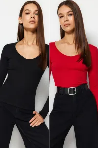 Trendyol Black-Red 2-Pack V-Neck Fitted/Sticky Cotton Knitted Blouse