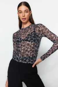 Trendyol Black Printed Tulle Fitted Crop Stretchy Knitted Blouse