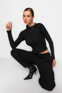 Trendyol Black Ribbed Asymmetric Collar Detailed Fitted/Sliding Knitted Blouse