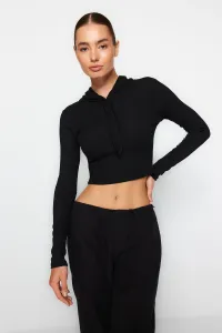 Trendyol Black Hooded Corduroy Stretchy Crop Knitted Blouse