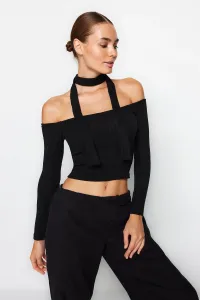 Trendyol Black Ribbed Carmen Collar Shawl Detail Fitted/Situated Crop Stretch Knitted Blouse