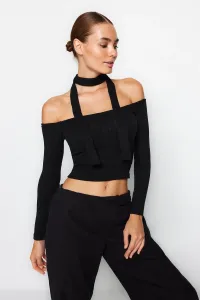 Trendyol Black Corduroy Carmen Collar Shawl Detailed Fitted/Sleeper Crop, Flexible Knitted Blouse