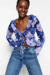 Trendyol Blue Floral Pattern Tie and Ruffle Detail Crop Flexible Tulle Knitted Blouse