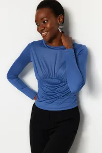 Trendyol Indigo Smart Slim Shirred Stand Up Collar Flexible Knitted Blouse #7496096