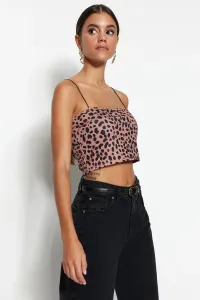Trendyol Brown Leopard Printed Spaghetti Strap Crop Knitted Blouse #6044732
