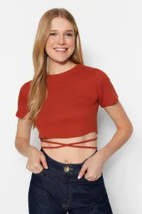 Trendyol Orange Tie Back Detail Fitted Crop Top with a Crew Neck Corduroy #5867317