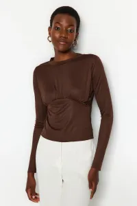 Trendyol Brown Smart Slim Pleated Stand-Up Collar Flexible Knitted Blouse
