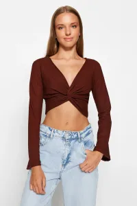 Trendyol Brown V-Neck Spanish Sleeve Knot Detailed Ruffle/Textured Crop Knitted Blouse #7624121