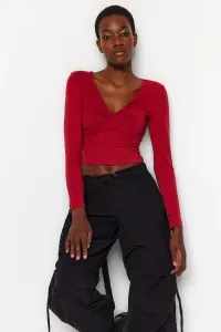 Trendyol Claret Red Cotton with Stretchy Gathering around the chest, Fitted/Simple Crop Knitted Blouse