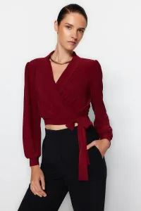 Trendyol Burgundy Double Breasted Closure Crop Stretchy Knitted Blouse