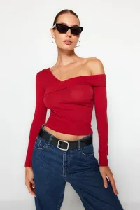 Trendyol Burgundy Cotton Stretch Flounce Fitted Crop Knitted Blouse
