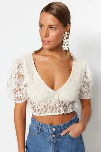Trendyol Ecru Crop Knitted Blouse with Balloon Sleeves