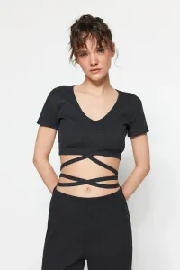 Trendyol Anthracite Tie Detailed Corded Crop Knitted Blouse