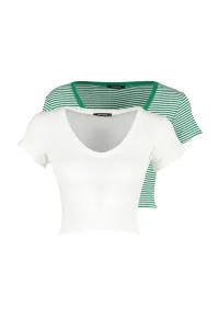 Trendyol Green Stripe-White Plain 2-Pack Fitted V-Neck Crop Corduroy Knitted Blouse