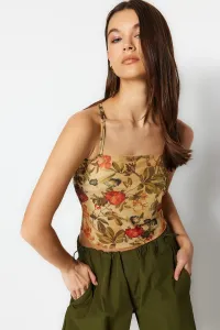 Trendyol Multicolored Floral Patterned Fitted Strap Crop Lined Stretchy Tulle Knitted Blouse
