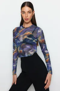Trendyol Multicolored Printed Tulle Fitted/Sleeping Crop Stretchy Knit Blouse