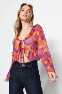 Trendyol Pink Floral Pattern Tie and Ruffle Detail Crop Flexible Tulle Knitted Blouse