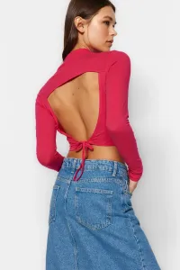 Trendyol Fuchsia Plunging Neck Standing Collar Fitted/Situated Crop Cotton Stretch Knitted Blouse