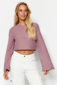 Trendyol Pink Crew Neck Spanish Sleeves Corduroy Stretchy Crop Knitted Blouse