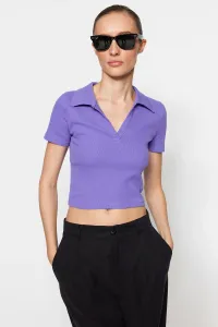 Trendyol Purple Fitted/Situated Crop Polo Neck Ribbed Stretch Knit Blouse