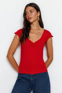 Trendyol Red Cotton Smocked V-Neck Slim Fit Knitted Blouse #6977064