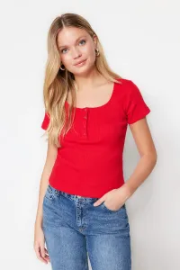 Trendyol Red Snap Detailed Fitted Pool Neck Ribbed Stretchy Knitted Blouse