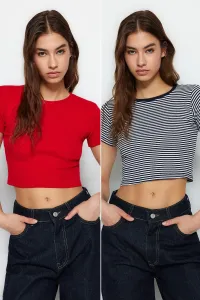 Trendyol Navy Blue Striped-Red Plain 2-Pack Fitted/Simple Crop Corduroy Knit Blouse #6938296