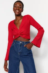 Trendyol Red V-Neck Spanish Knitted Blouse with Sleeves Knot Detail Creme/Textured Crop