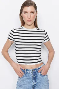 Trendyol White Stripe Baby Overlock Detail Fitted/Situated Crop Corduroy Knitted Blouse #5353461